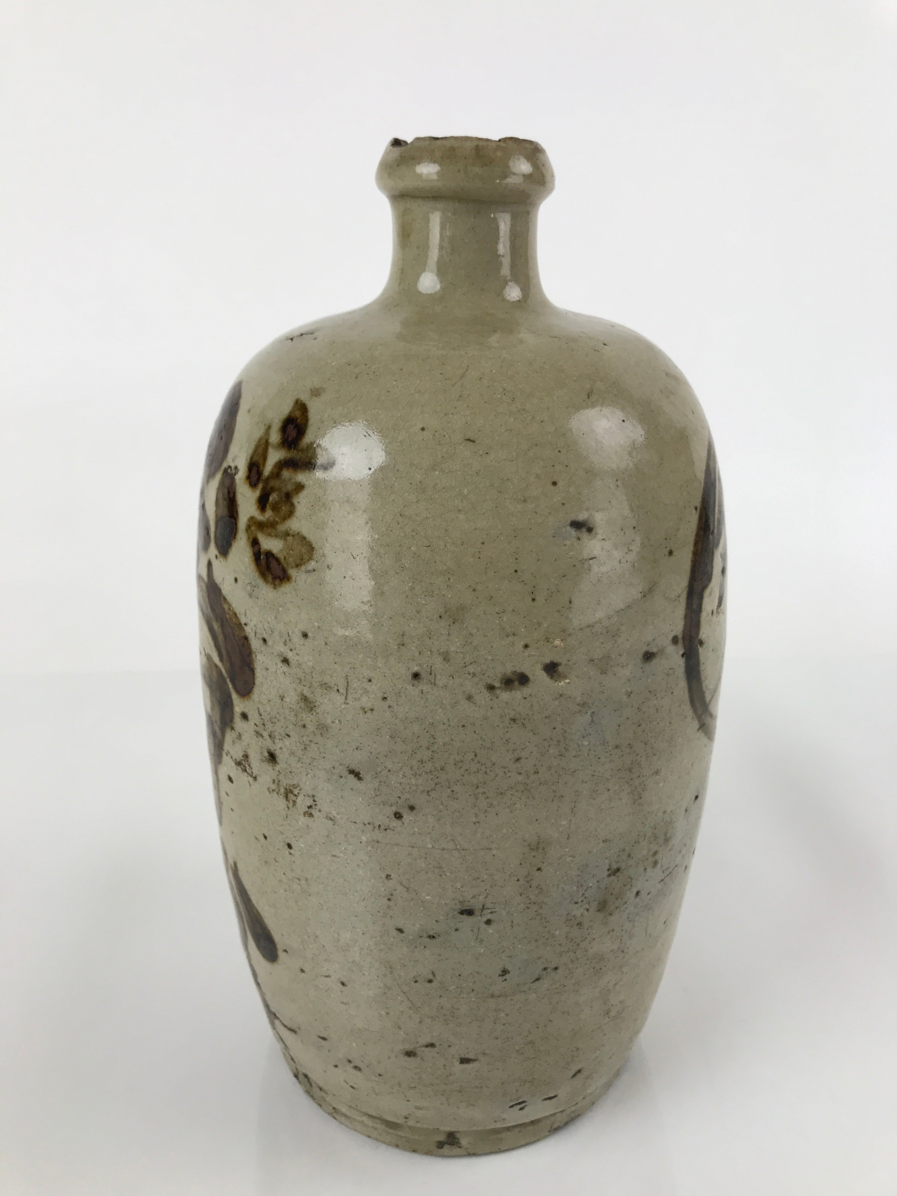 Antique C1900 Japanese Ceramic Sake Bottle Kayoi-Tokkuri Gray Black Kanji TS633