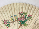 Chinese Carved Sandalwood Folding Fan Vtg Blue Birds Flowers Green Tassel 4D769