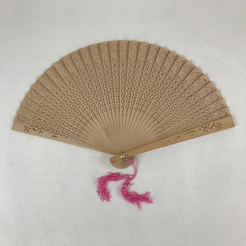 Chinese Carved Sandalwood Folding Fan Vtg Round Geometric Pink Tassel 4D715