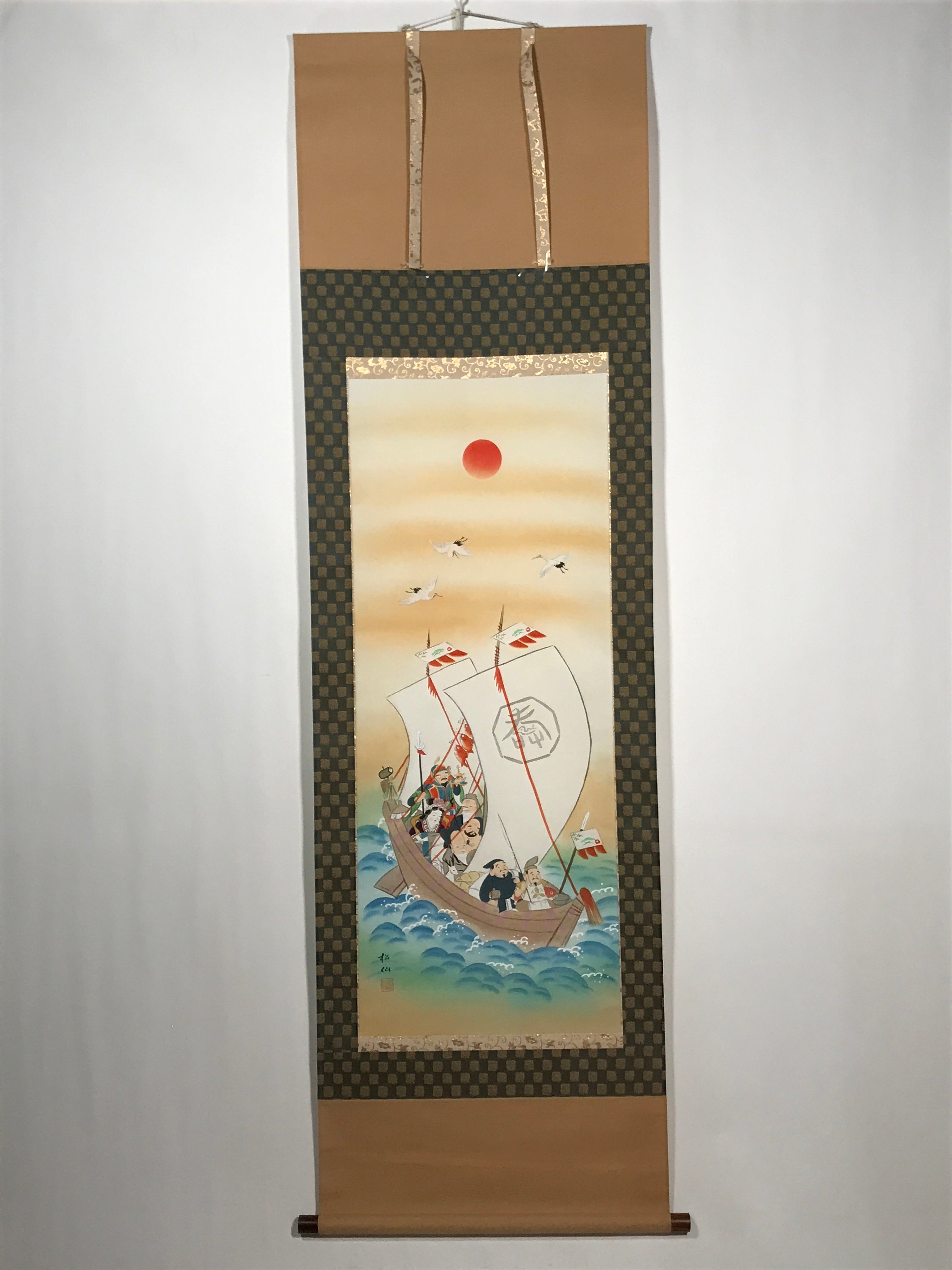 Japanese Boxed Hanging Scroll Vtg 7 Lucky Gods Takarabune Kakejiku SC976