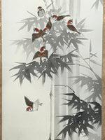 Japanese Boxed Hanging Scroll Vtg Birds Suzume Bamboo Kacho Kakejiku SC984