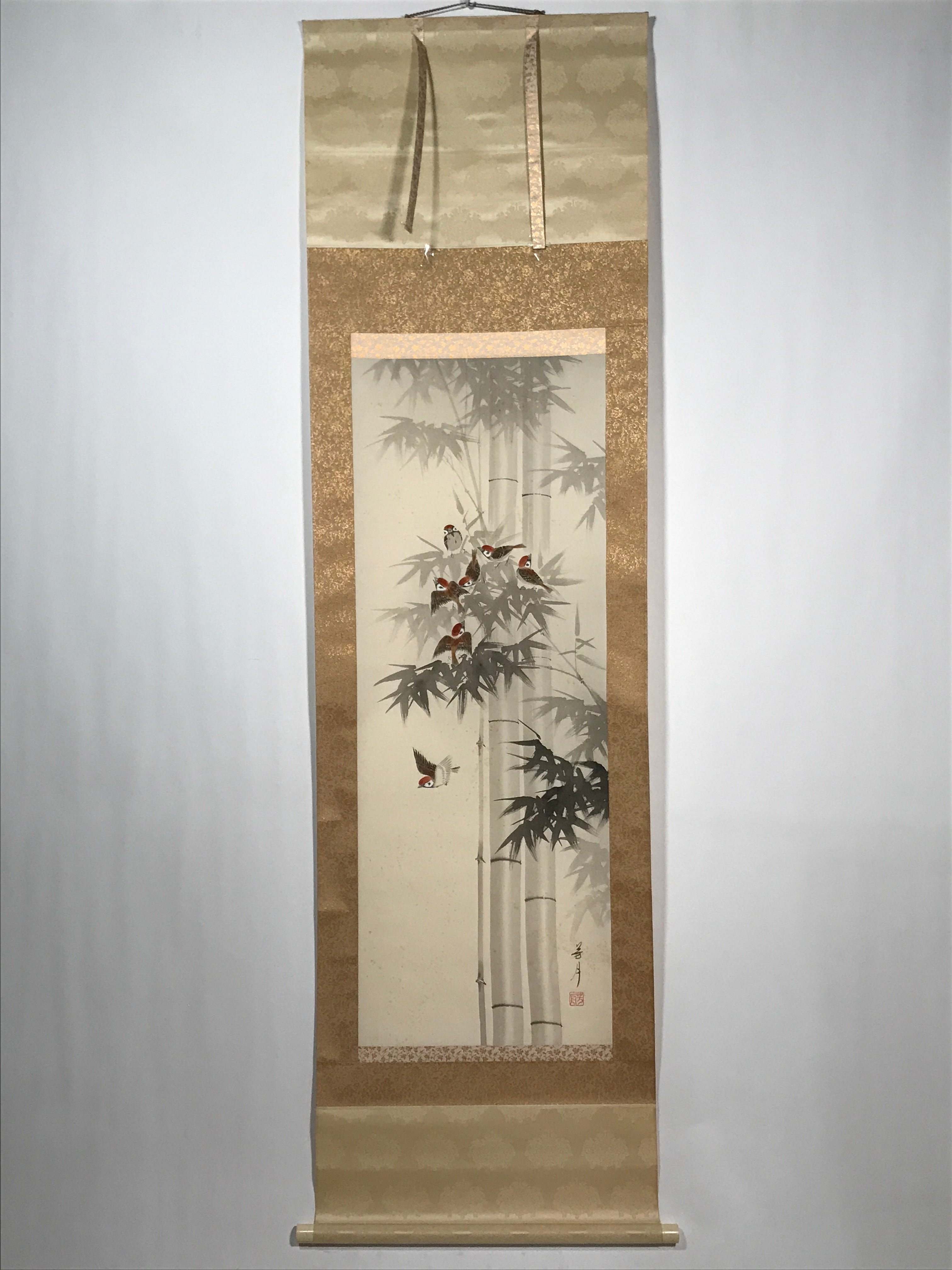 Japanese Boxed Hanging Scroll Vtg Birds Suzume Bamboo Kacho Kakejiku SC984