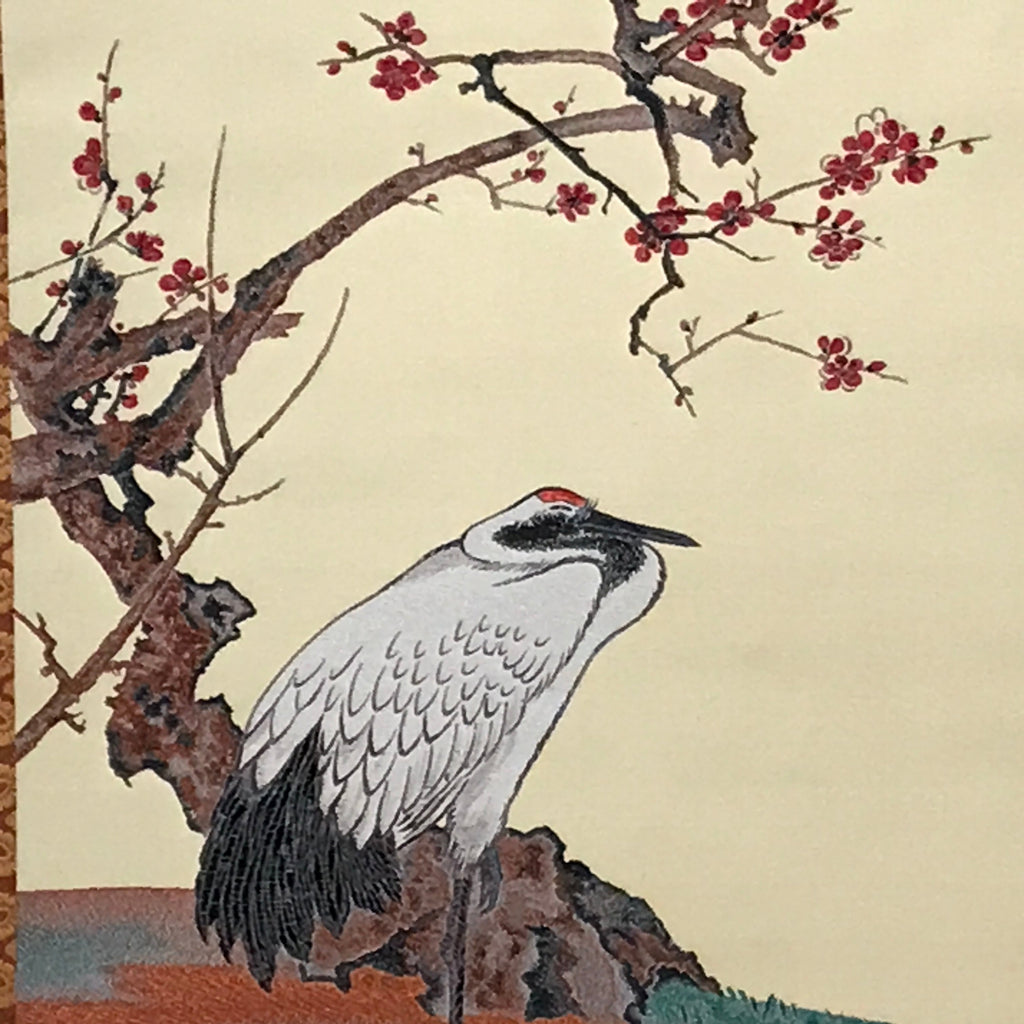 Japanese Boxed Hanging Scroll Vtg Crane Plum Flowers Kacho Kakejiku SC977