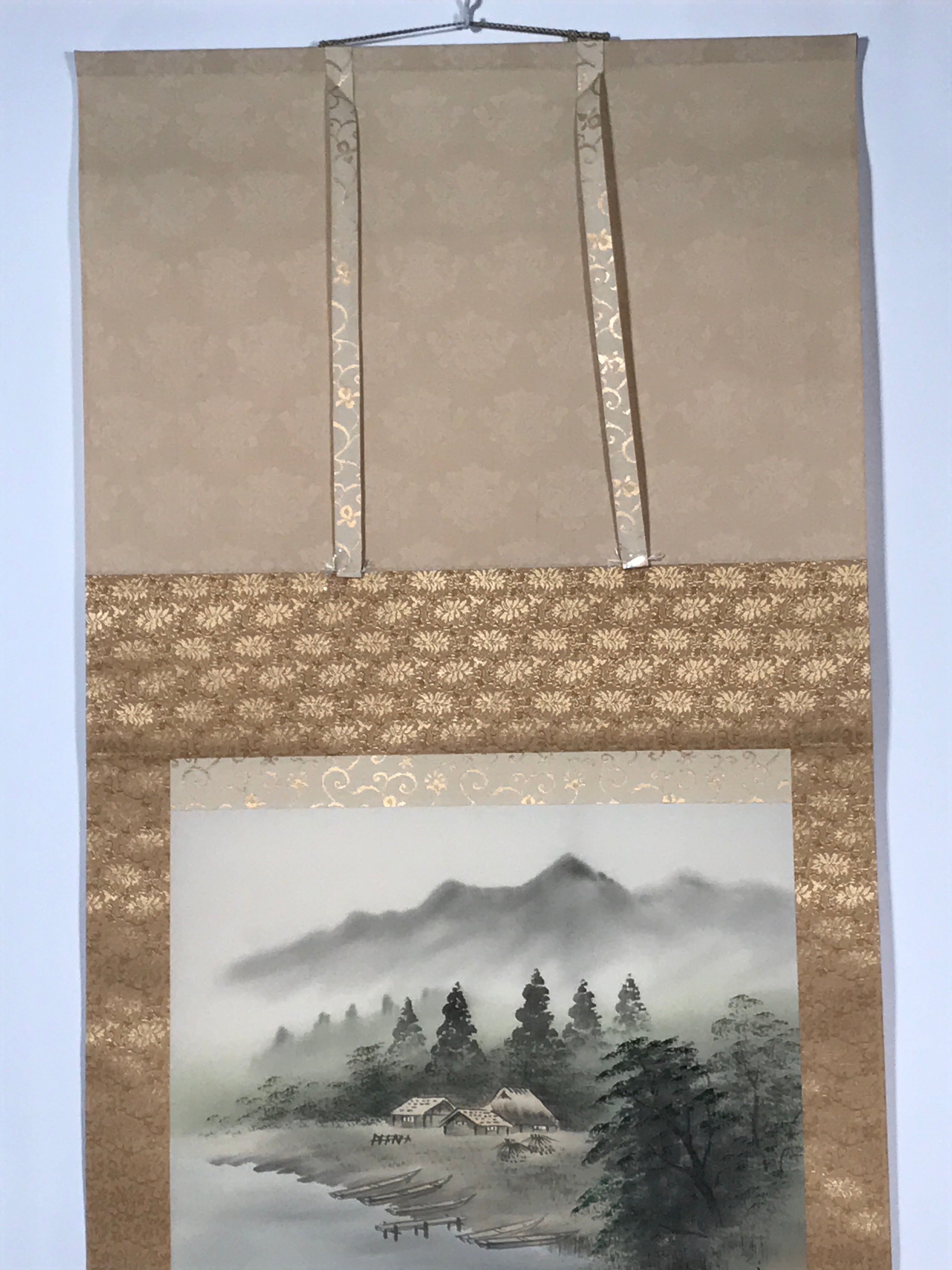 Japanese Boxed Hanging Scroll Vtg Houses River Boat Landscape Kakejiku SC982
