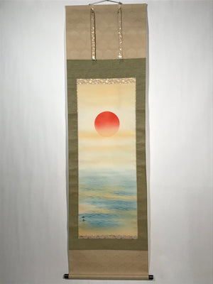 Japanese Boxed Hanging Scroll Vtg Red Rising Sun Calm Waves Kakejiku SC975