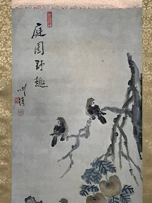 Japanese Boxed Hanging Scroll Vtg Small Birds Flowers Kacho Kakejiku SC985