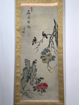 Japanese Boxed Hanging Scroll Vtg Small Birds Flowers Kacho Kakejiku SC985