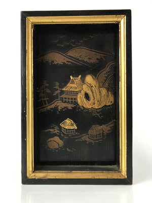 Japanese Buddhist Altar Lacquered Drawer Gilt Makie Village Scenery Gold BA272