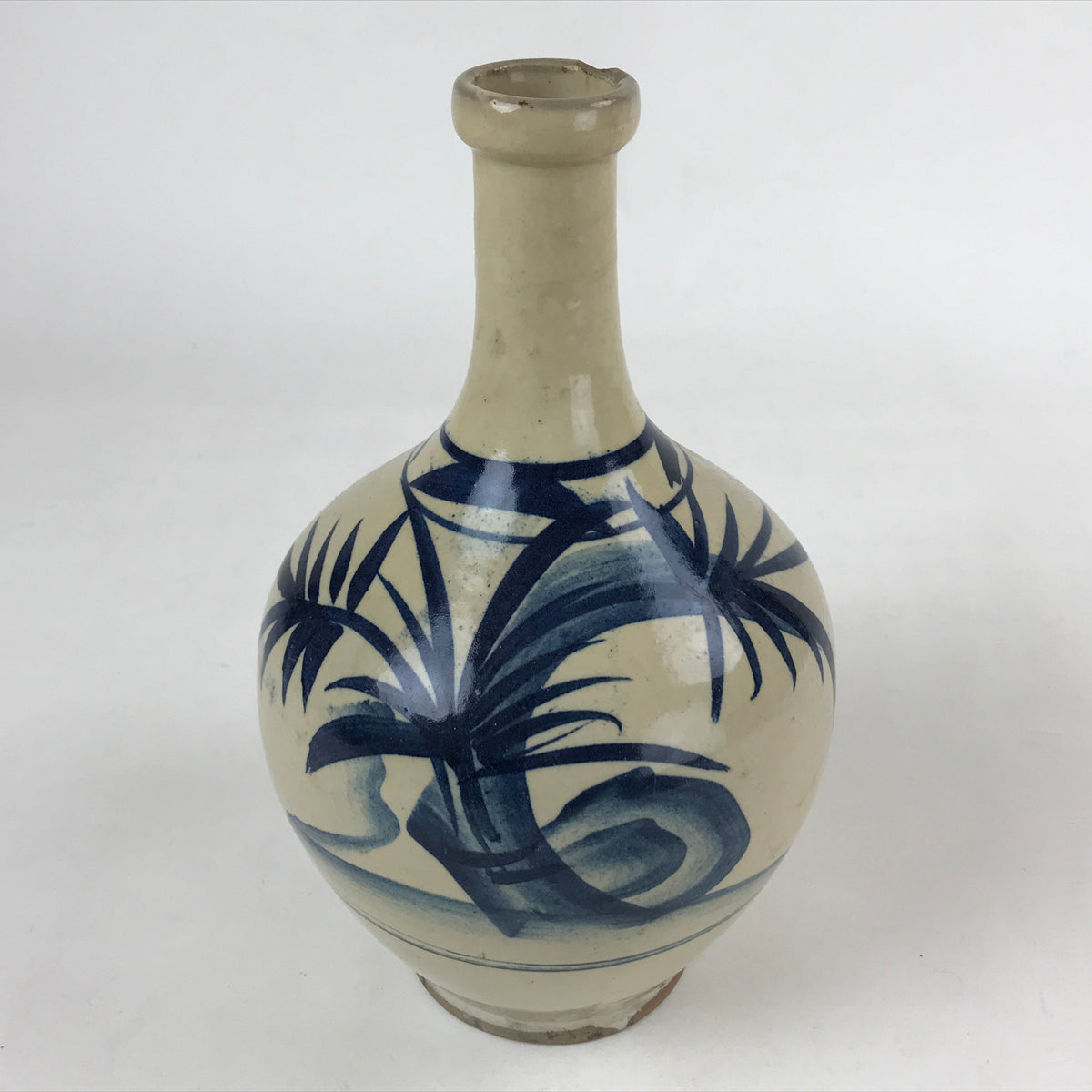 Japanese Ceramic Flower Vase Vtg Ikebana Kabin Sometsuke White Blue Plants  FK85