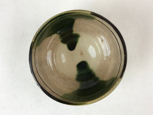 Japanese Ceramic Green Tea Bowl Vtg Green Brown Floral Crackle Glaze Oribe CHB25