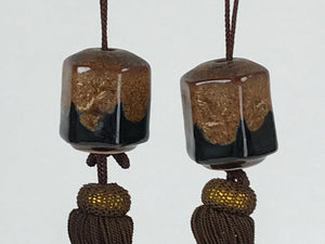 Japanese Ceramic Hanging Scroll Weights Fuchin Vtg Kakejiku Brown Tassel FC338