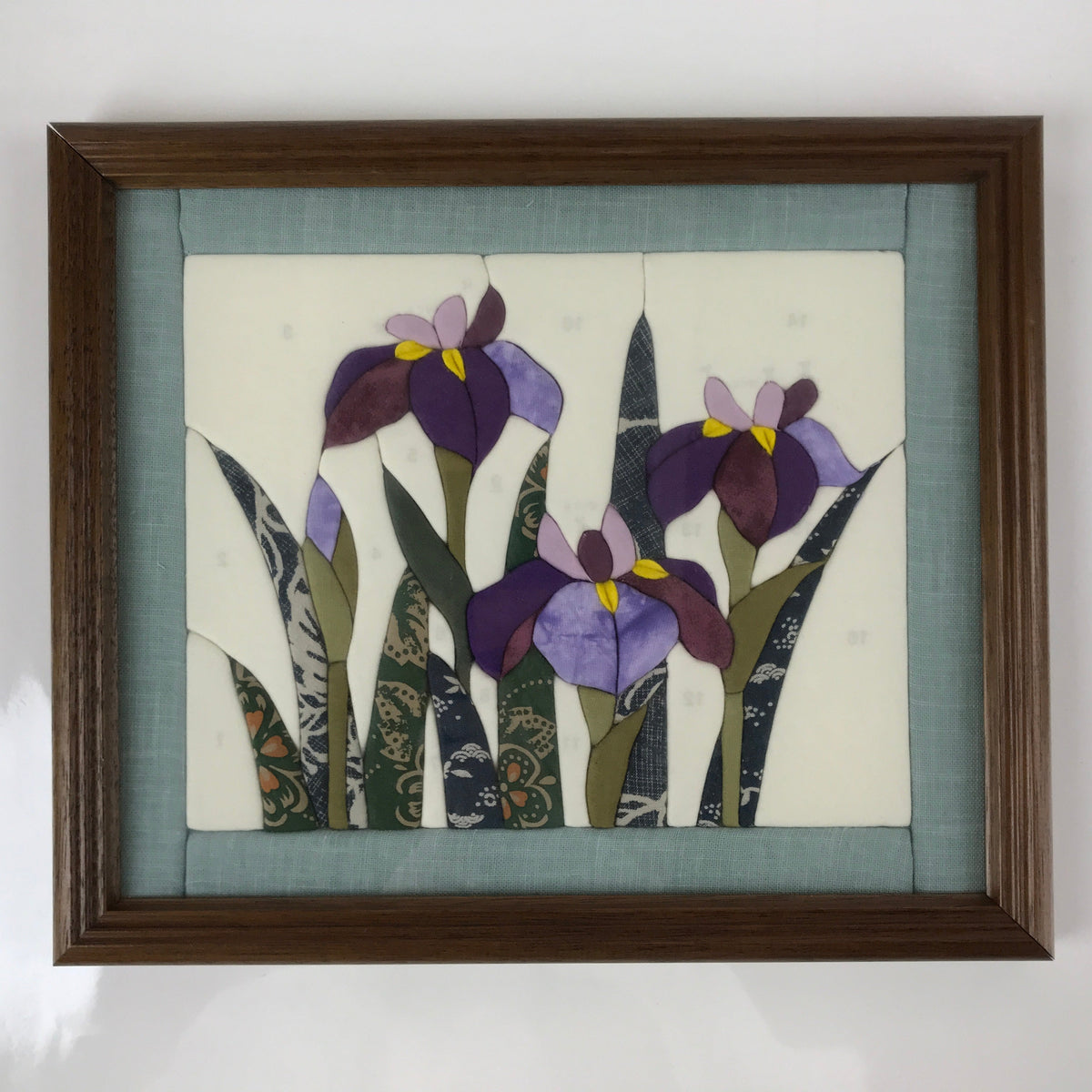 Japanese Framed Fabric Iris Flowers Art Vtg Oshie Zaiku Hanashoubu Purple  FR24