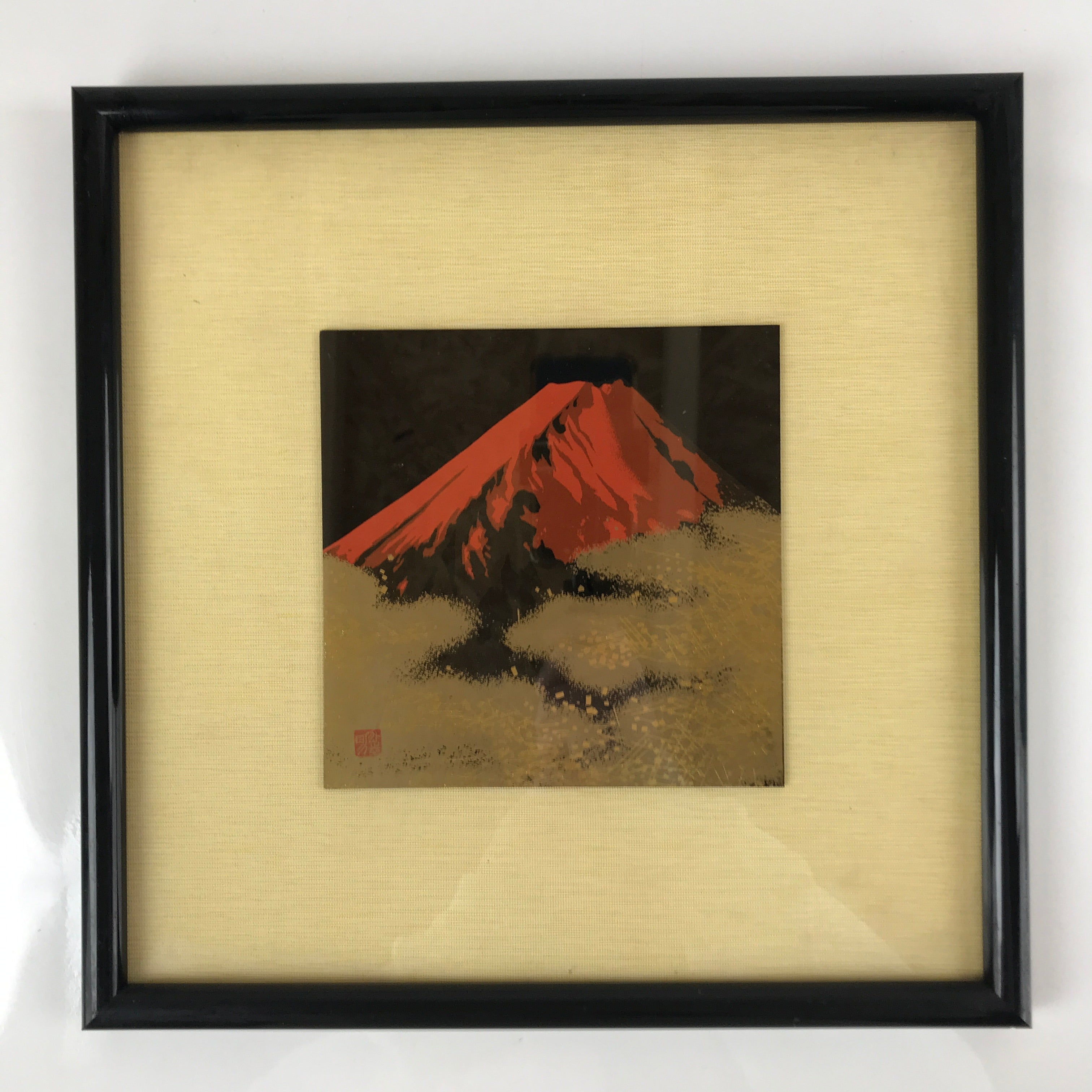 Japanese Framed Resin Mt. Fuji Art Vtg Makie Gold Orange Black Mountain FR21