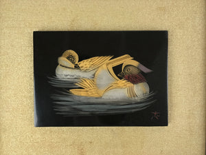 Japanese Framed Wajima Lacquerware Panel Art Vtg Makie Ducks Black Gold FR25
