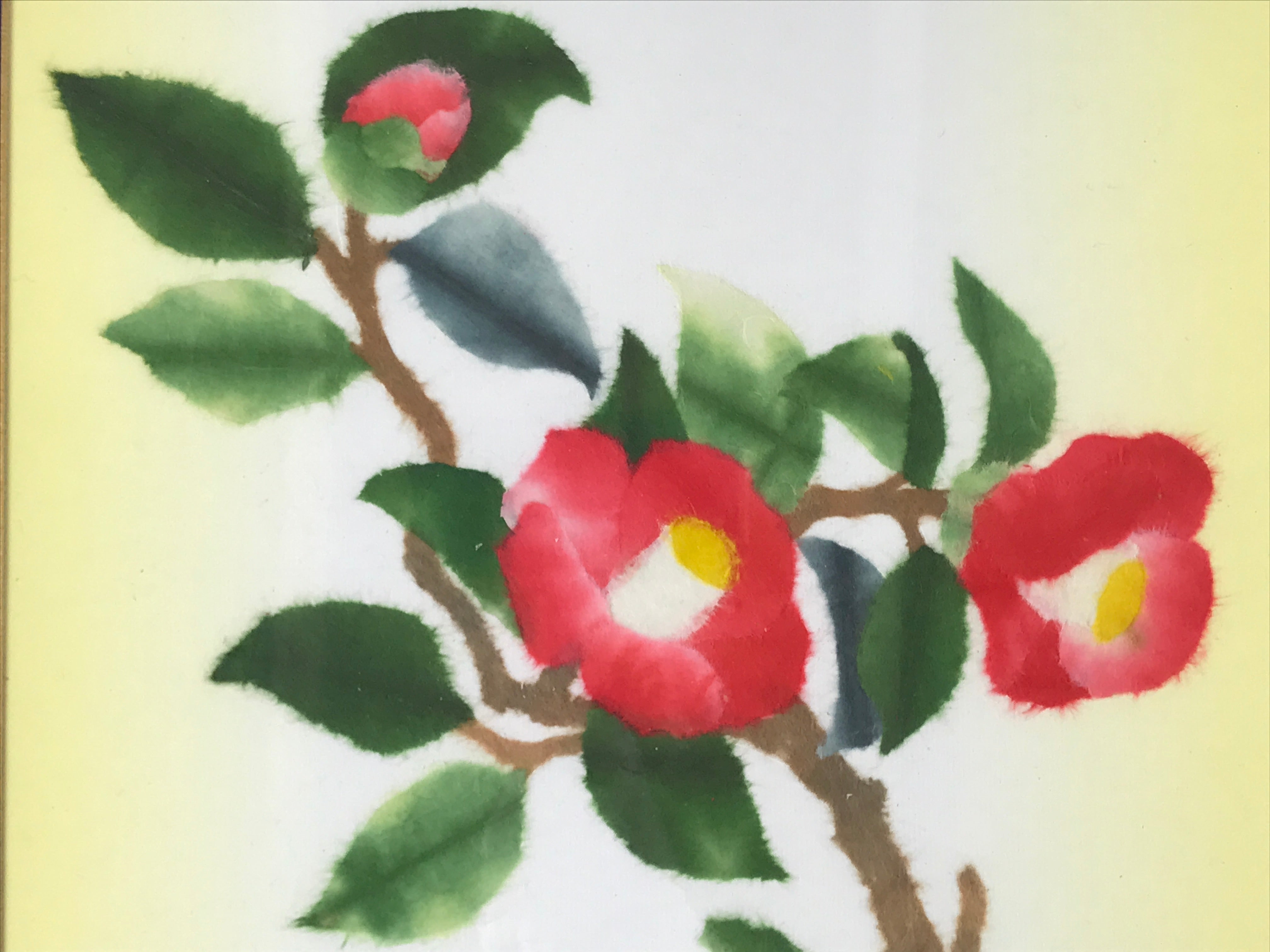 Japanese Framed Washi Paper Camellia Flowers Art Vtg Tsubaki Red Green FR23