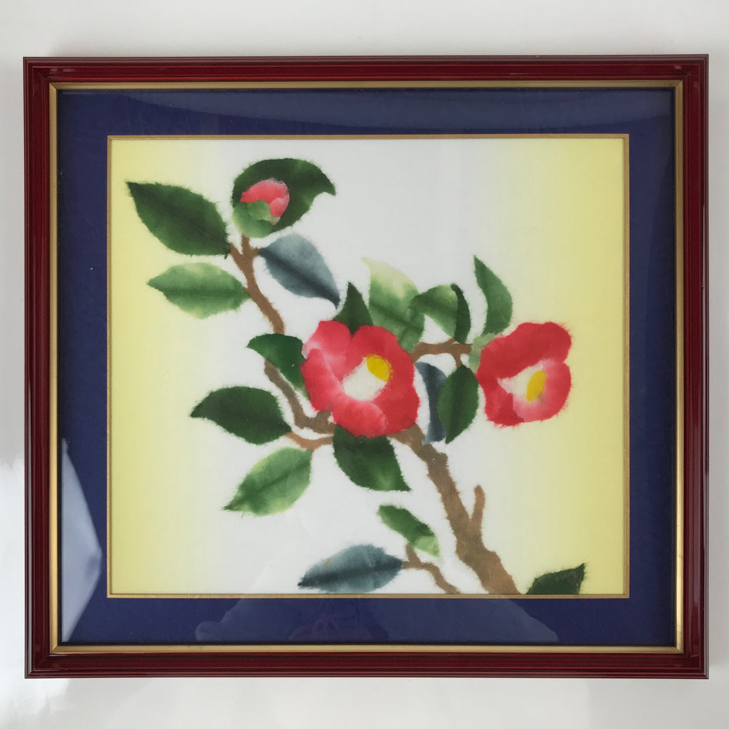 Japanese Framed Washi Paper Camellia Flowers Art Vtg Tsubaki Red Green FR23