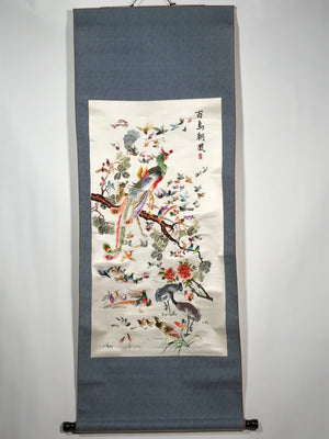 Japanese Hanging Scroll Vtg Hundred Birds Worshipping The Phoenix Kakejiku SC891