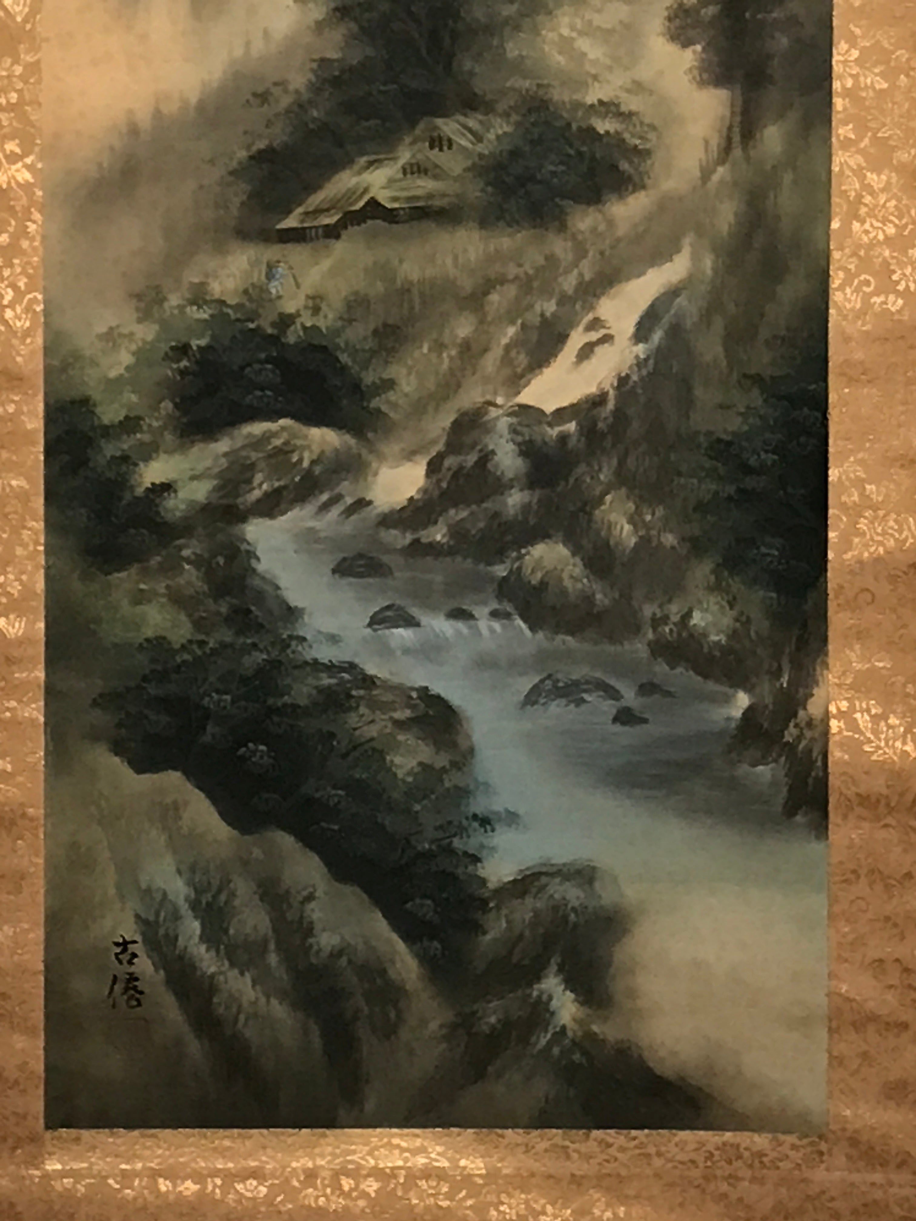 Japanese Hanging Scroll Vtg Mountains Trees River Sansui Kakejiku SC849