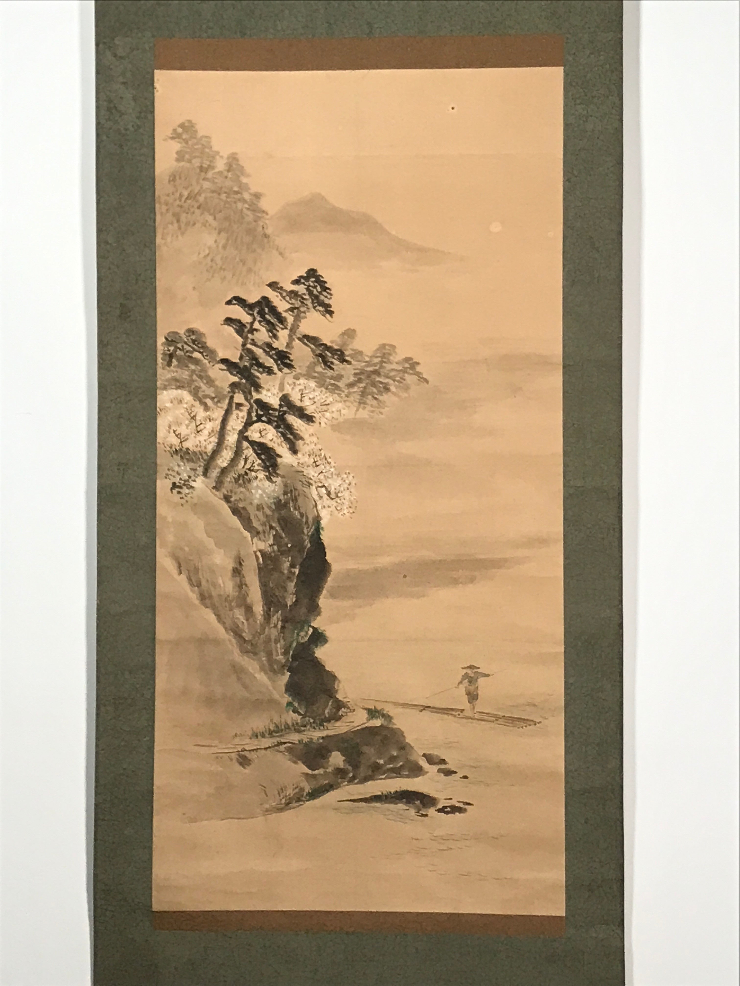 Japanese Hanging Scroll Vtg Person Standing Boat Mountain Sansui Kakejiku SC846