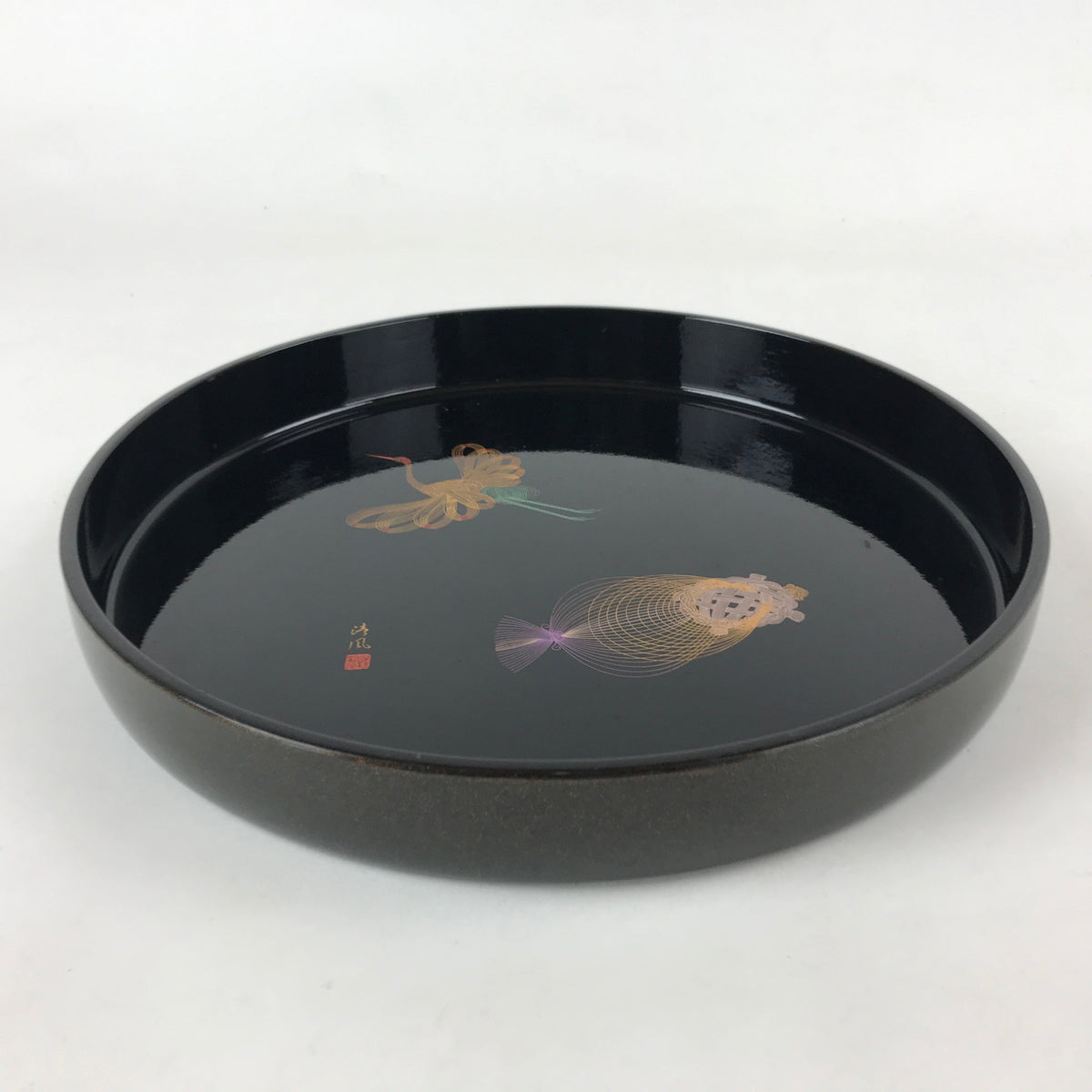 Japanese Lacquer Replica Round Serving Tray Vtg Flying Crane Black