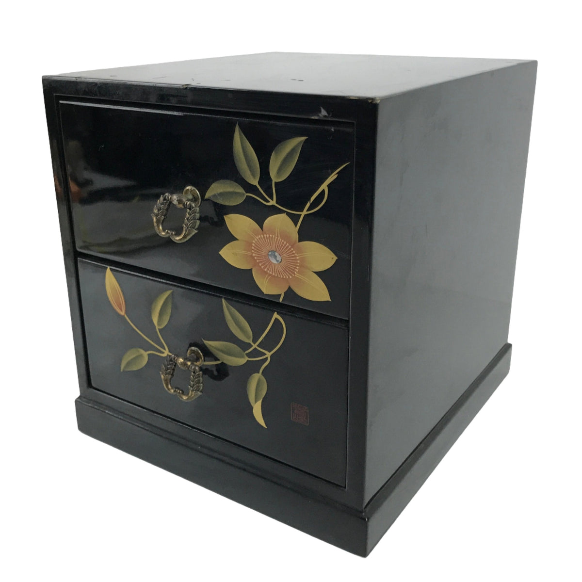 Japanese Lacquered Wood Tansu Storage Chest Vtg Haribako Raden Makie Flower  T390