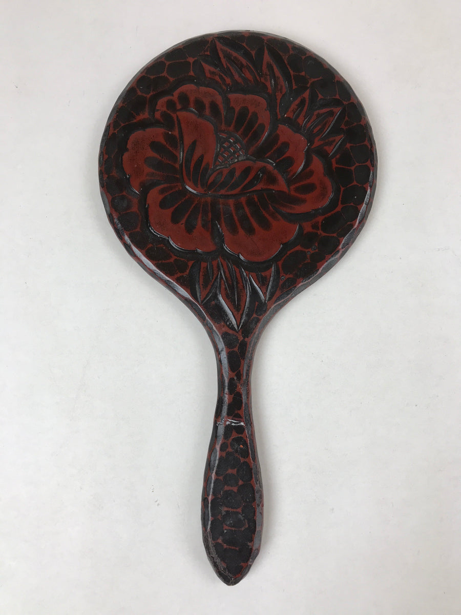 Japanese Lacquered Wooden Hand Mirror Tekagami Vtg Kamakurabori Peony L101