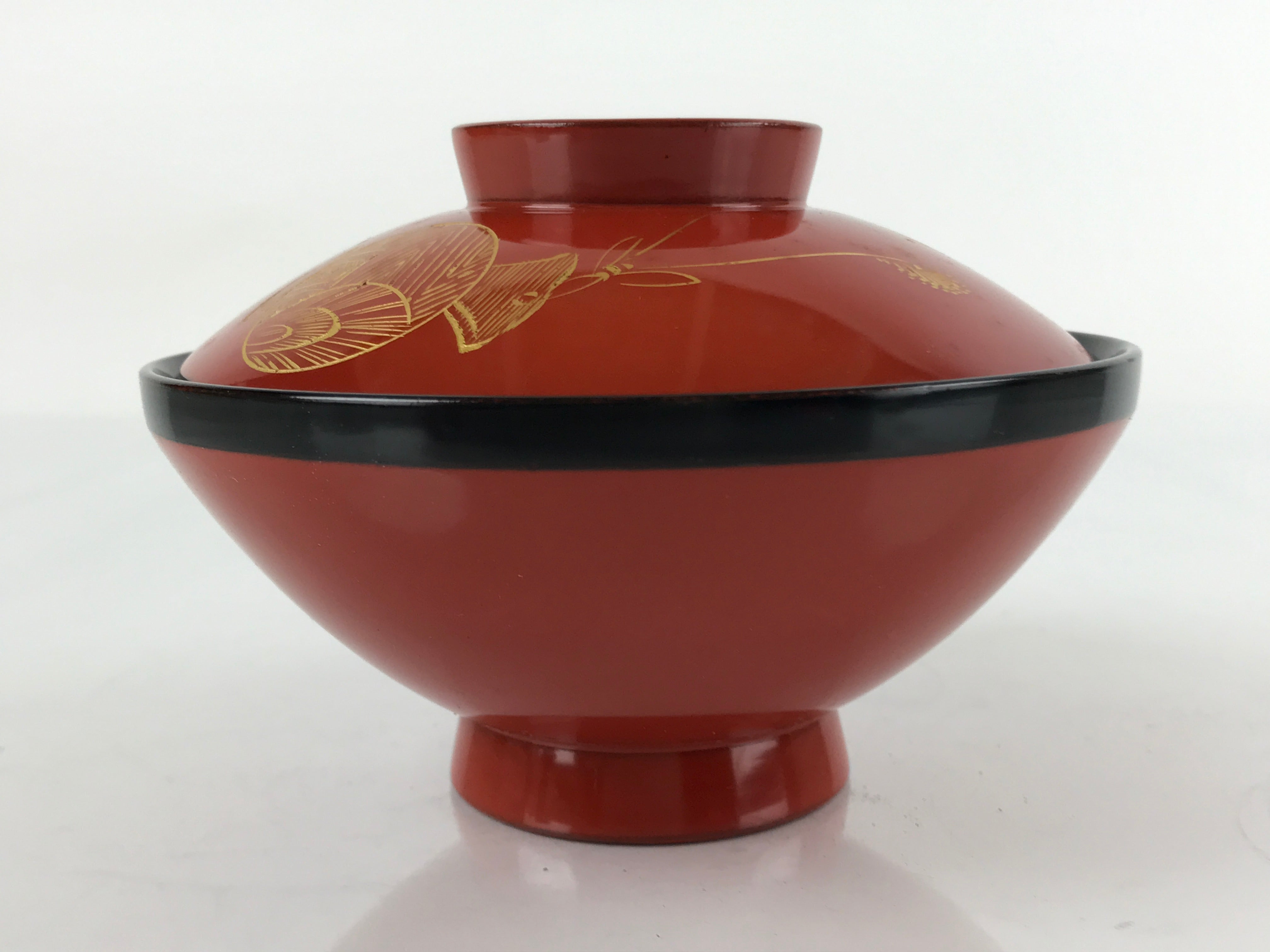 Japanese Lacquered Wooden Lidded Bowl Nimonowan Vtg Makie Red Black LB108