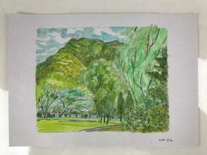 Japanese Landscape Watercolor Painting Original Art Cardstock Unsigned FL293