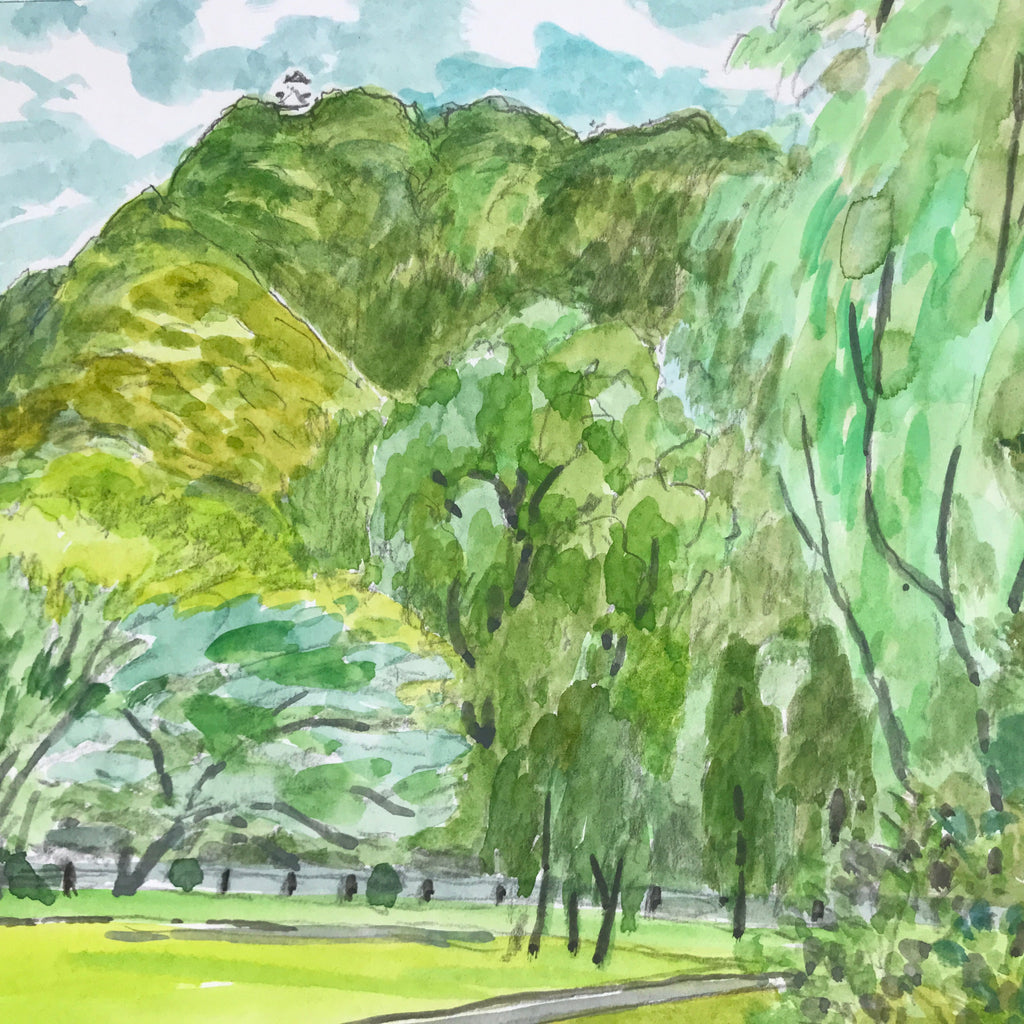 Japanese Landscape Watercolor Painting Original Art Cardstock Unsigned FL293