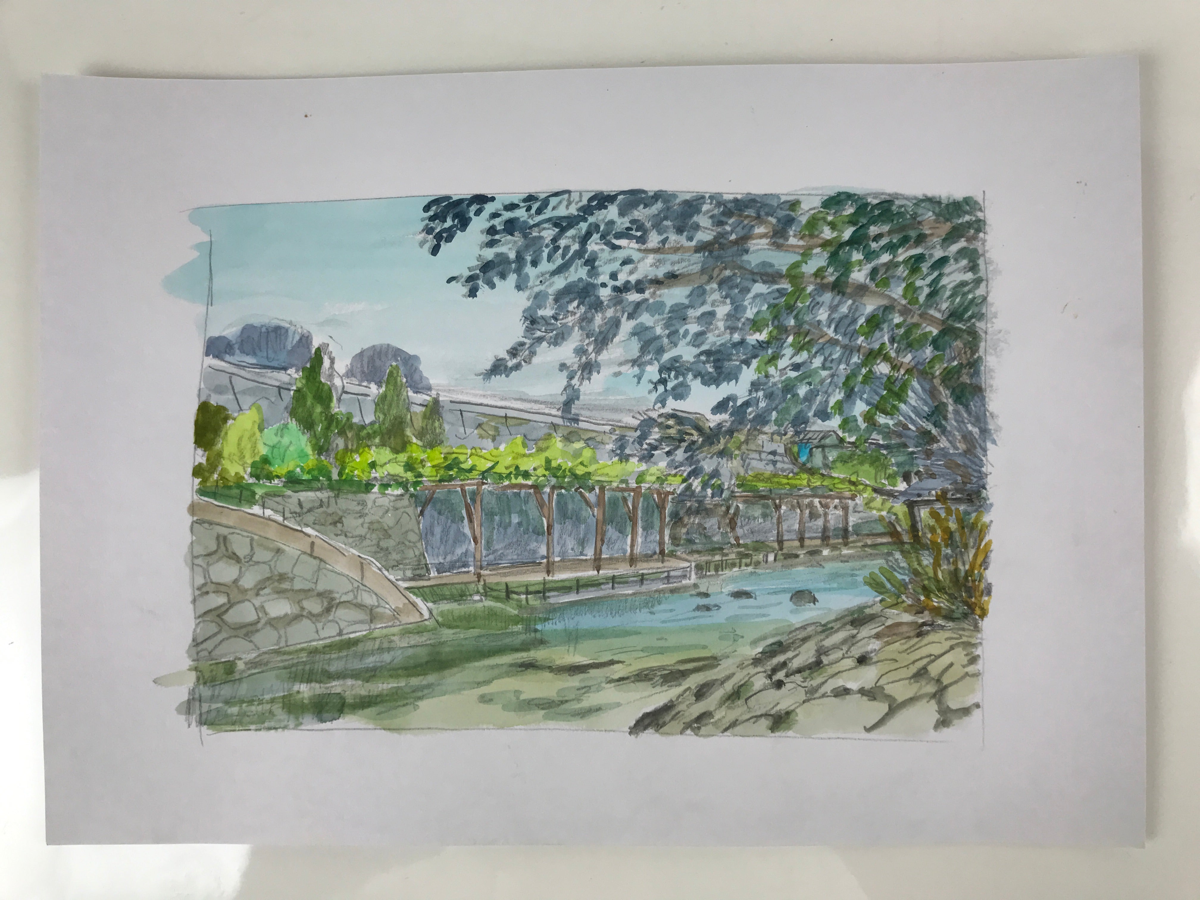 Japanese Landscape Watercolor Painting Original Art Cardstock Unsigned FL294