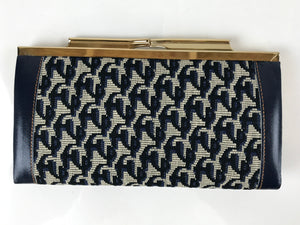 Japanese Pleather Woven Fabric Clutch Wallet Vtg Gamaguchi Clasp Blue Beige KB84