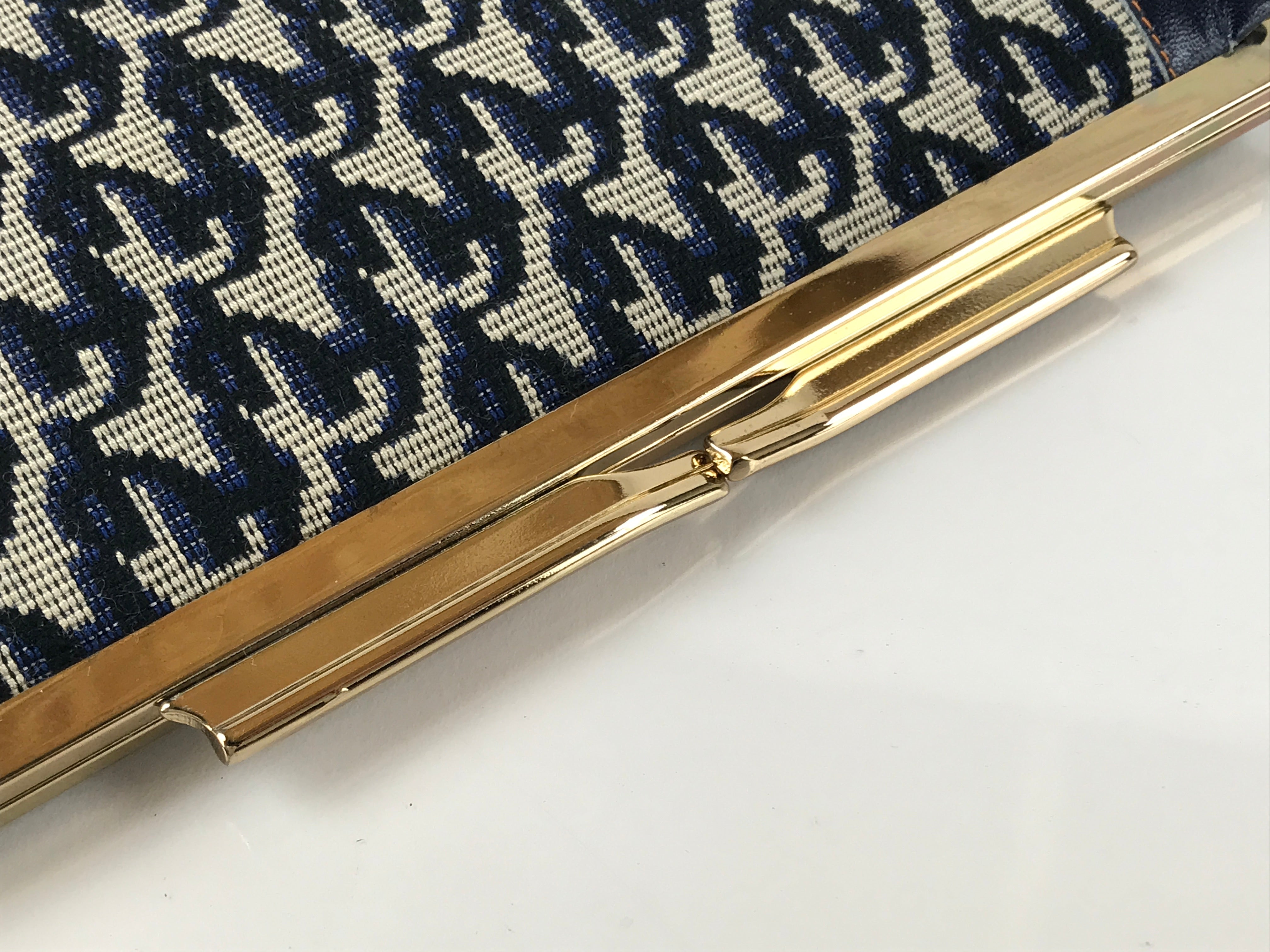Japanese Pleather Woven Fabric Clutch Wallet Vtg Gamaguchi Clasp Blue Beige KB84