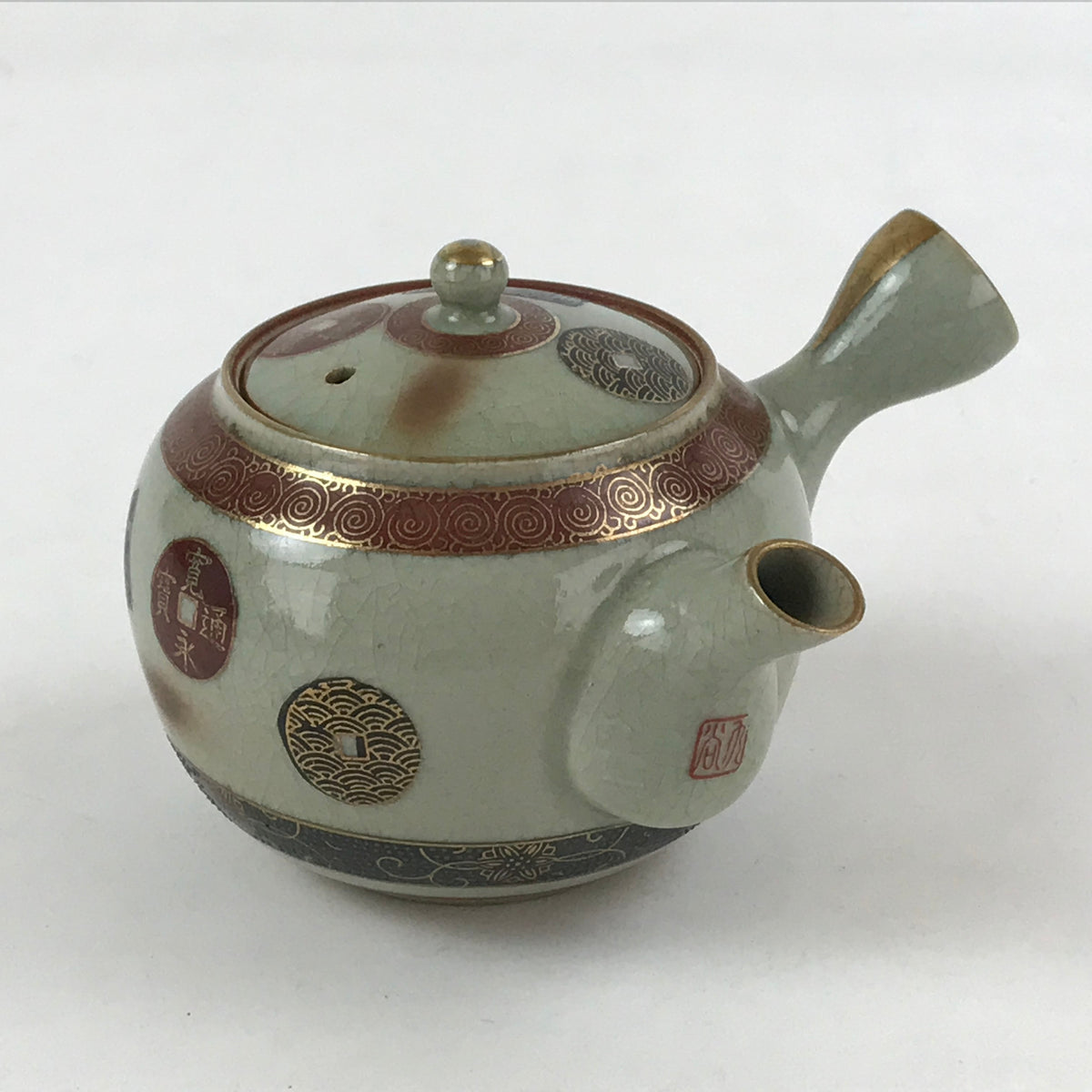 Japanese Porcelain Lidded Teapot Vtg Kyusu Light Green Crackle