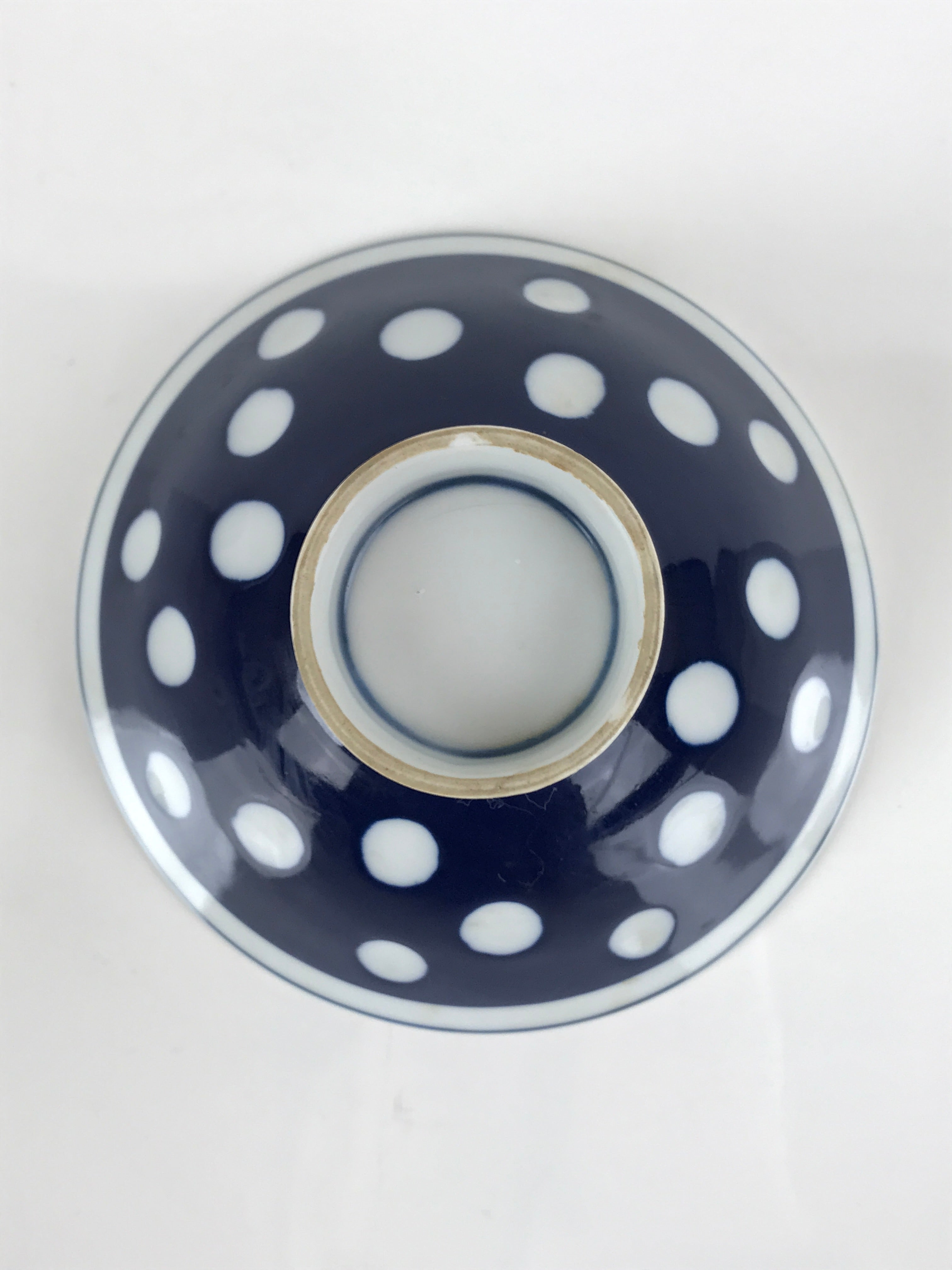 Japanese Porcelain Rice Bowl Vtg Wide Blue Polka Dot Design White PY735