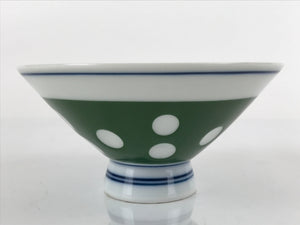 Japanese Porcelain Rice Bowl Vtg Wide Green Polka Dot Design White Blue PY732
