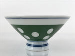 Japanese Porcelain Rice Bowl Vtg Wide Green Polka Dot Design White Blue PY732