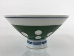 Japanese Porcelain Rice Bowl Vtg Wide Green Polka Dot Design White Blue PY734