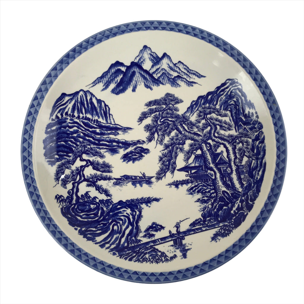 Japanese Porcelain Round Large Plate Vtg Pine Mountain Scenery White Blue PY751