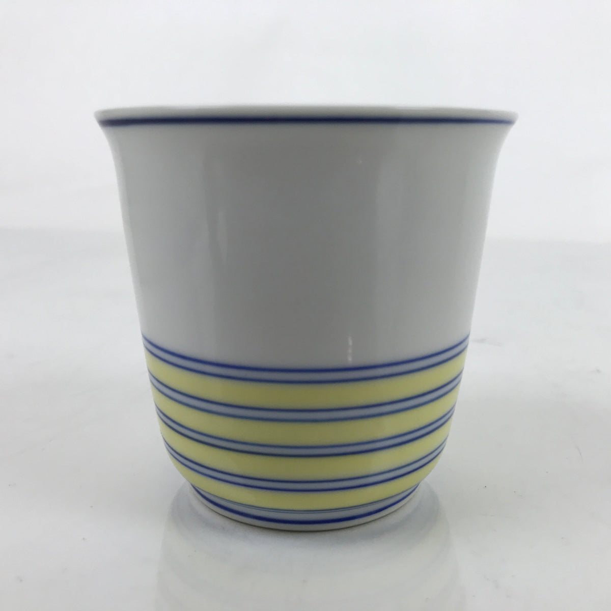 Japanese Porcelain Tachikichi Teacup Vtg White Yellow Blue Lines