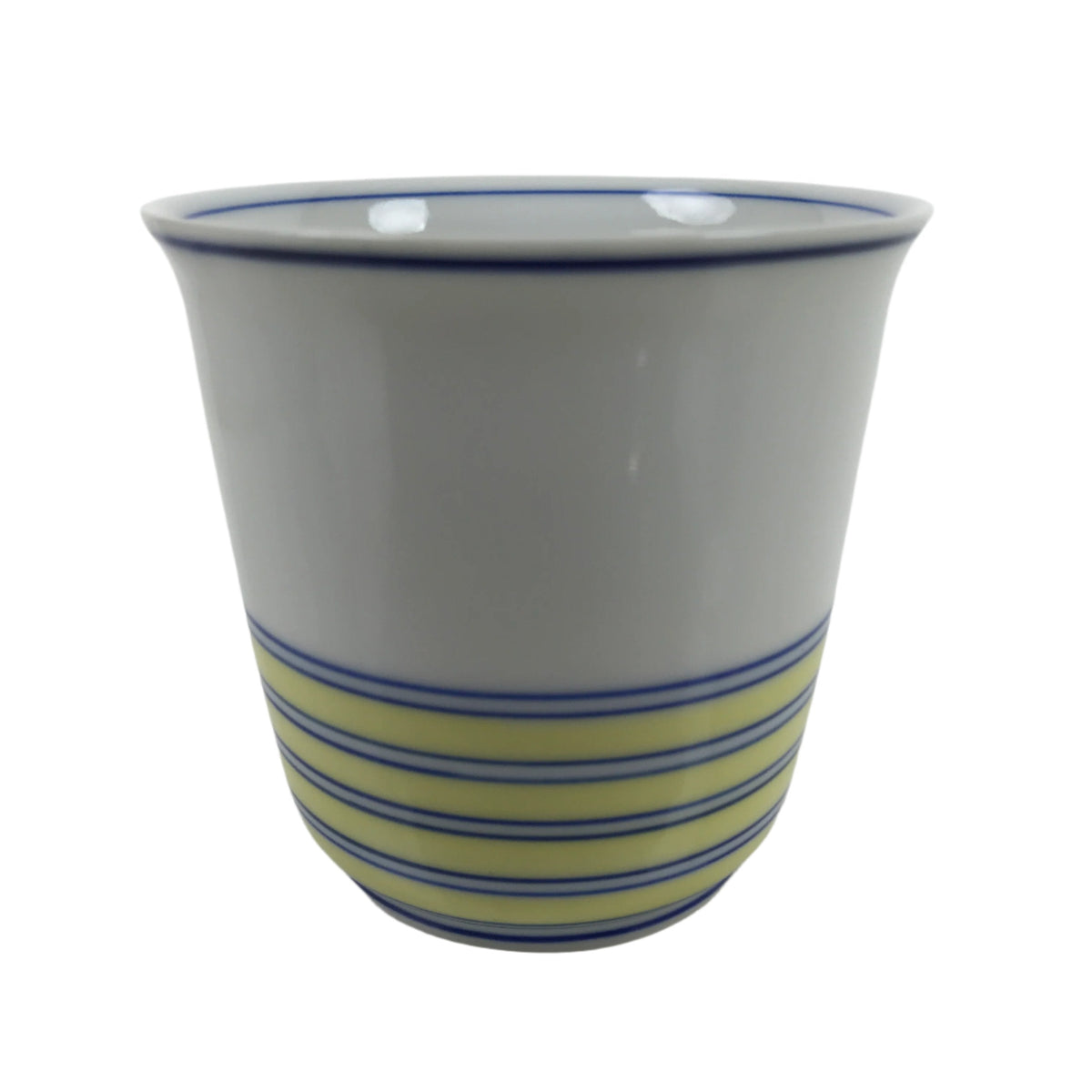 Japanese Porcelain Tachikichi Teacup Vtg White Yellow Blue Lines