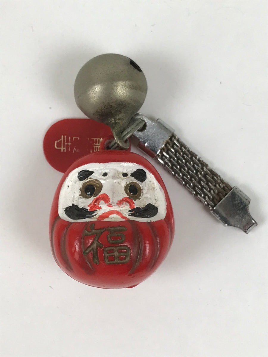 Japanese Resin Daruma Bell Keychain Vtg Phone Strap Metal Chain