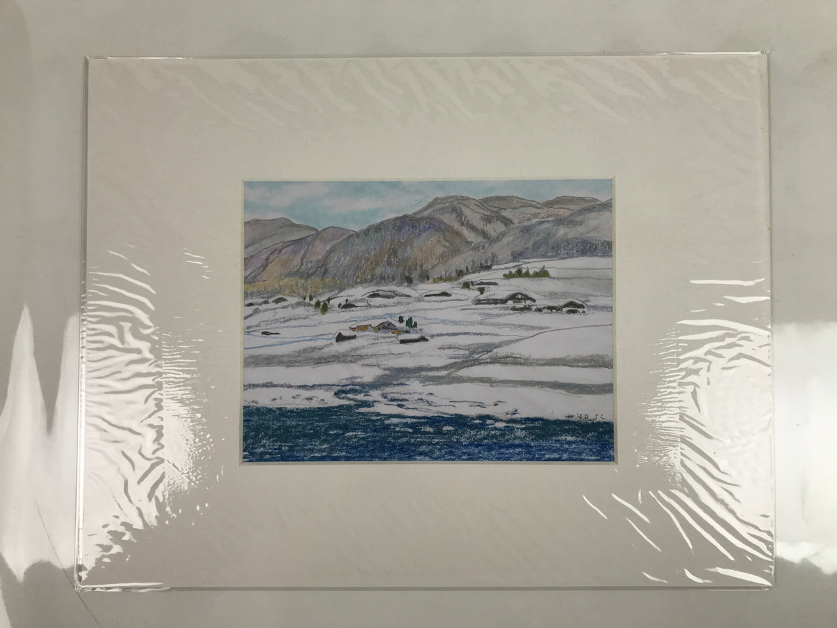 Japanese Riverside Village Snow Pastel Drawing Art Signed