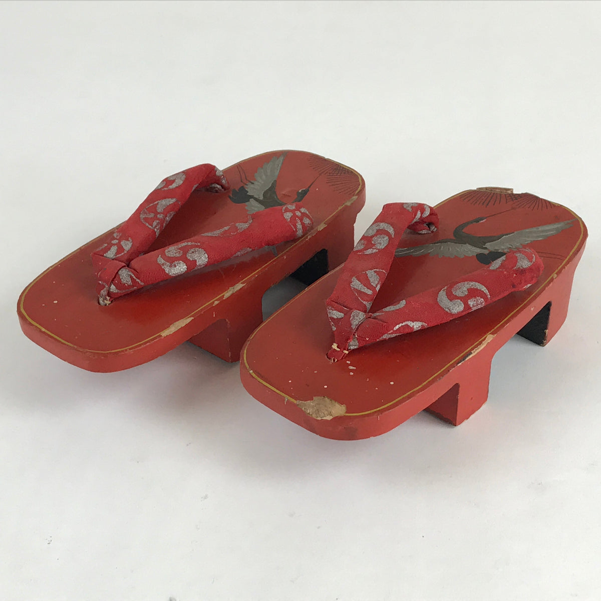 Japanese Traditonal Sandals Geta Wooden Lacquered Clogs Red Silver Crane  JK503