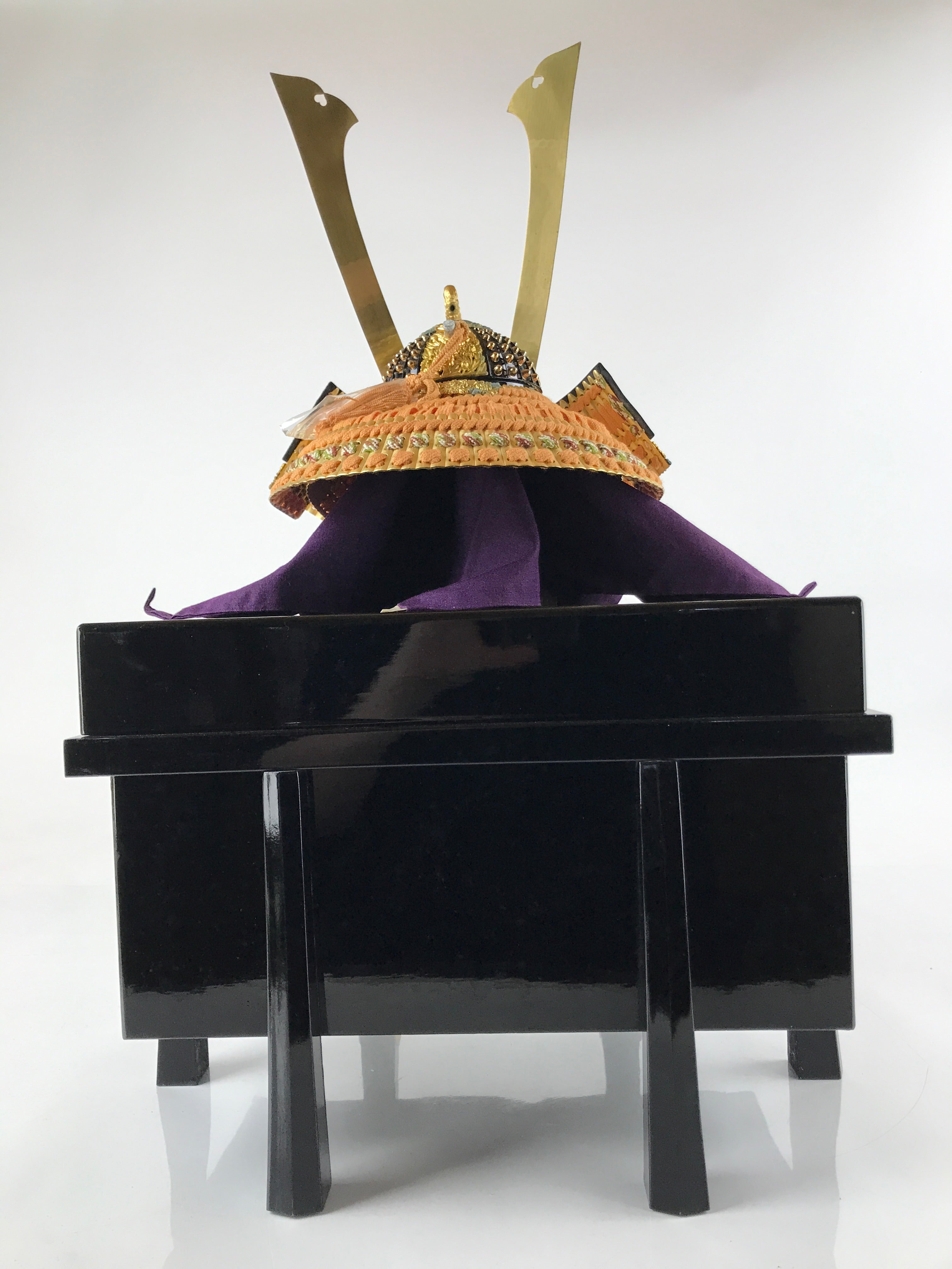 Japanese Wood Boxed Brass Kabuto Samurai Helmet Display Vtg Yoshitsune ID558