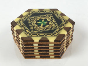 Japanese Wooden Yosegi-Zaiku Drink Coasters Chataku Vtg Hexagonal 6pc Brown L128