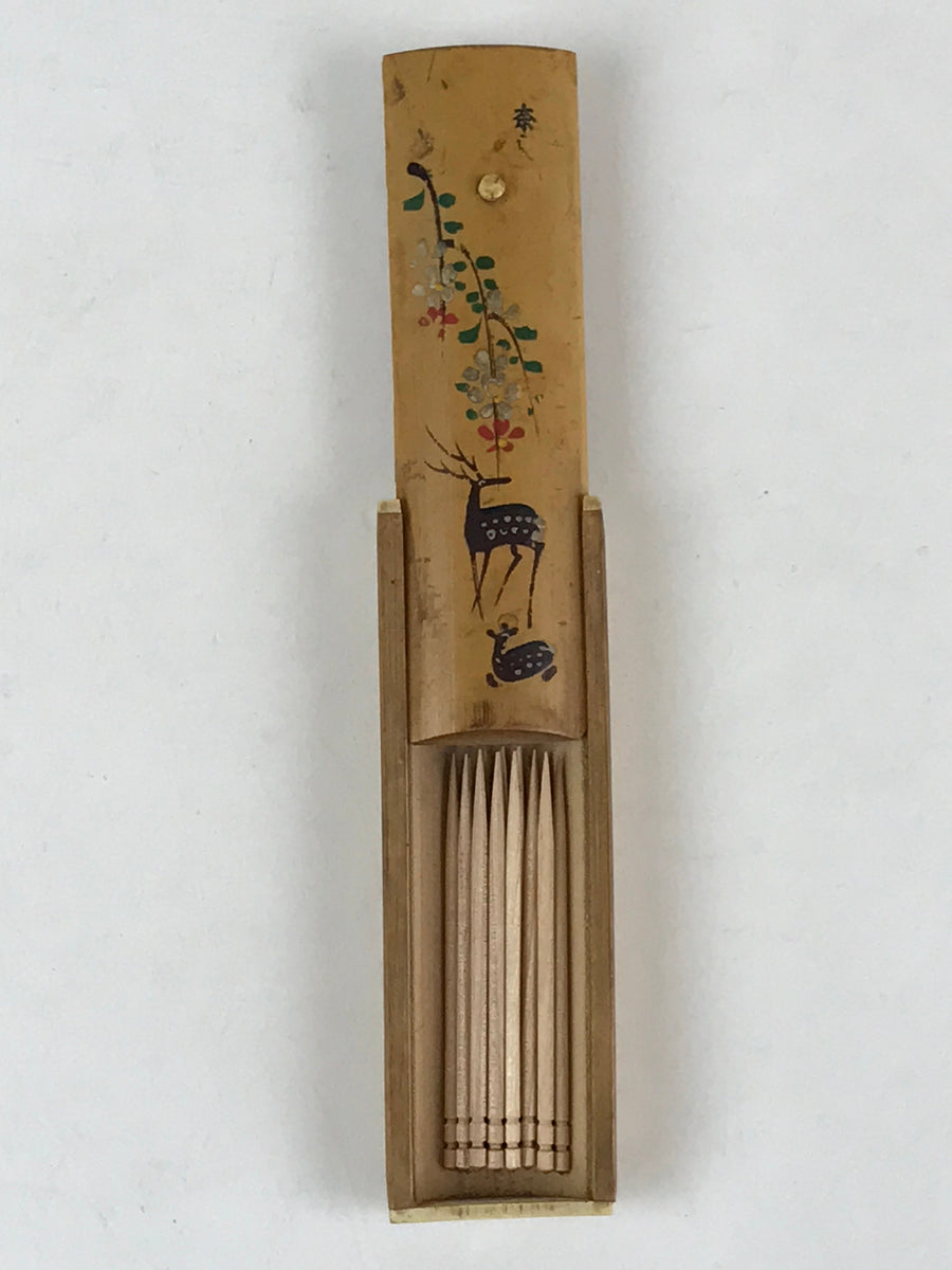 Japanese Bamboo Product Sliding Lid Toothpick Case Vtg Flower Deer Kan