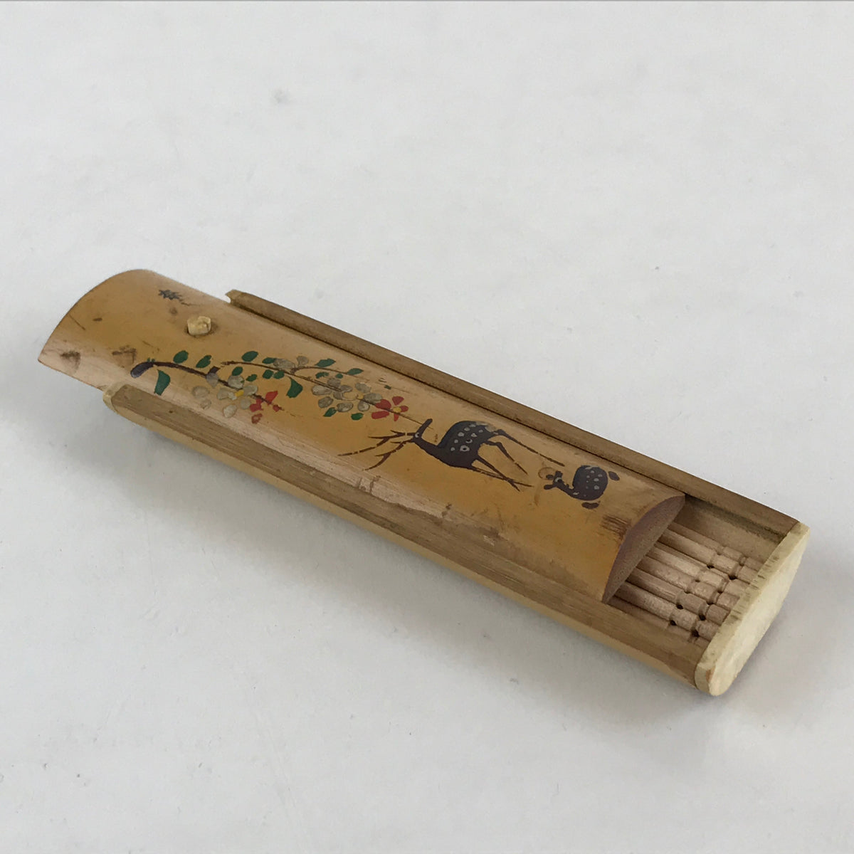 Japanese Bamboo Product Sliding Lid Toothpick Case Vtg Flower Deer Kan