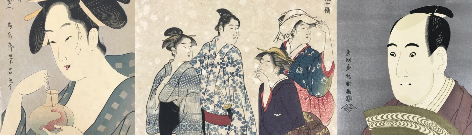 Japanese ukiyo-e prints and traditional paintings featuring portraits and figures in Edo period style