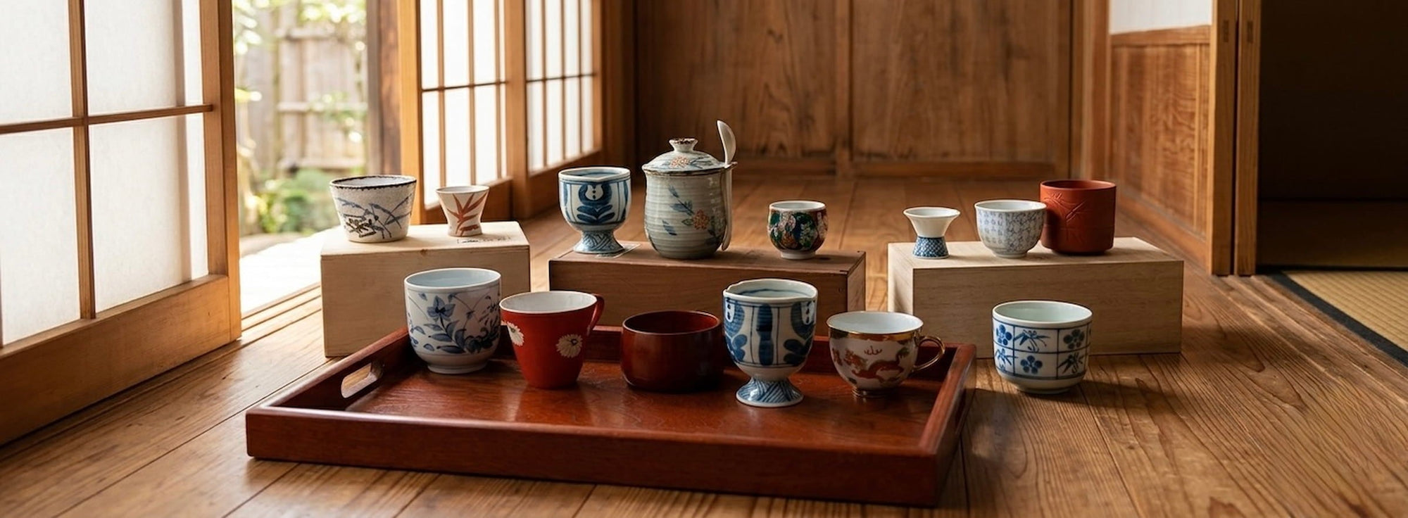 Collection of vintage Japanese cups and yunomi displayed on a lacquer tray with wooden boxes in a traditional Japanese interior