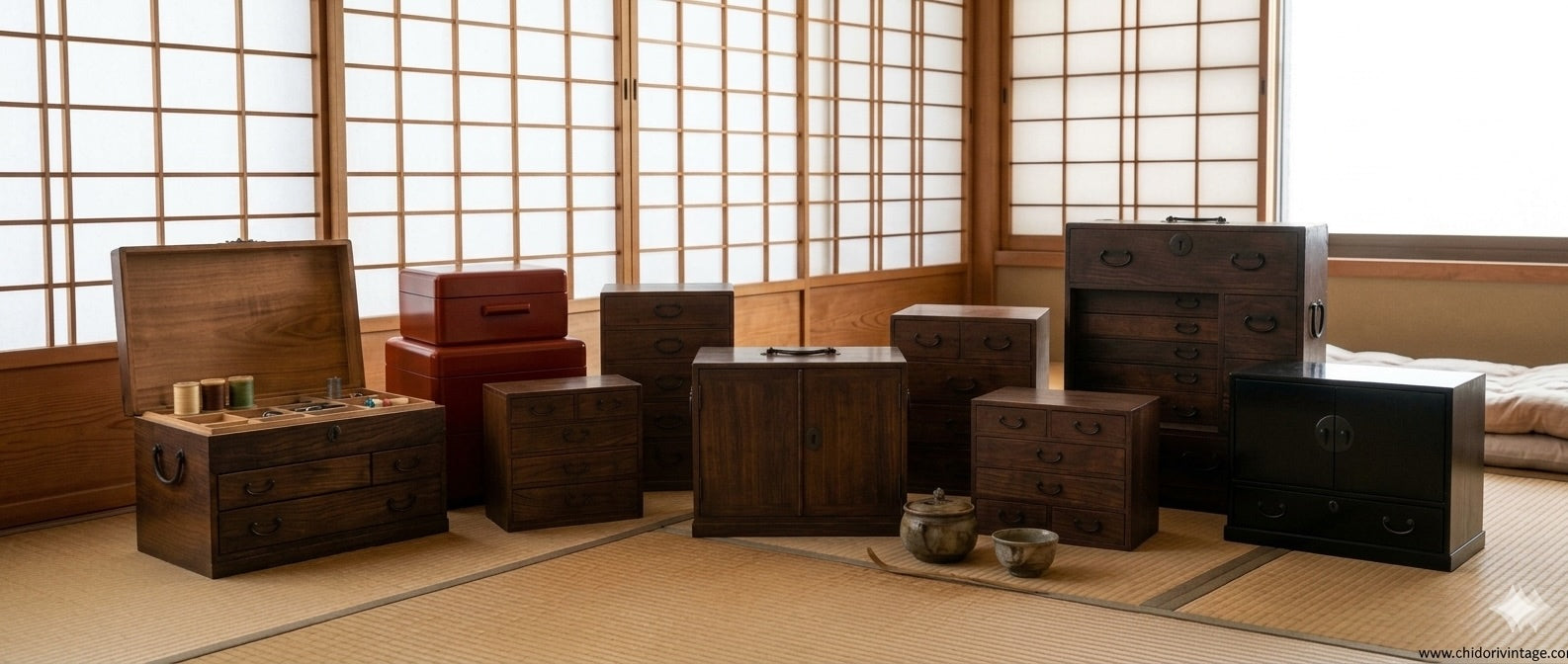Antique Japanese tansu chest and drawers in a traditional tatami room setting